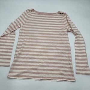 J.Crew Painter Tee Womens Large Pink White Striped Boat Neck Button Shoulder Top